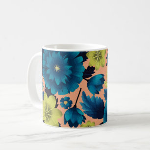 Blauwe en gele bloemen op perzik achtergrond koffiemok