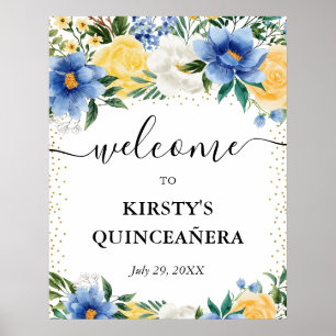 Blauwe en Gele Bloemen Quinceanera Welkom Poster