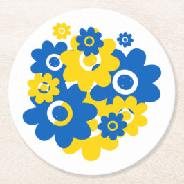 Blauwe en gele bloemen ronde kartonnen onderzetter