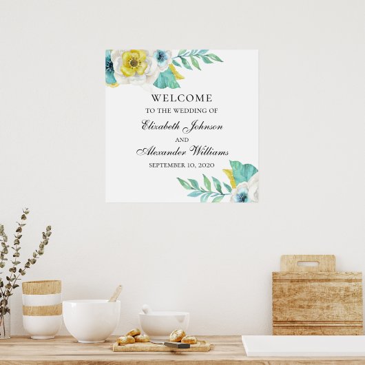 Blauwe en gele bloemen welkom. Bruiloft Poster (Keuken)