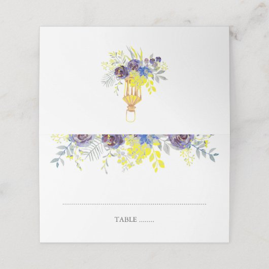 Blauwe en Gele Bloemenlantaarn Bruiloft Plaatskaartje (Buitenkant ongevouwen)