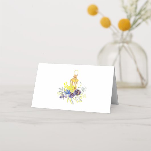 Blauwe en Gele Bloemenlantaarn Bruiloft Plaatskaartje (Achterkant)