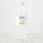Blauwe en gele bogen Blossom Wedding Monogram Waterfles Etiket (Voorkant)