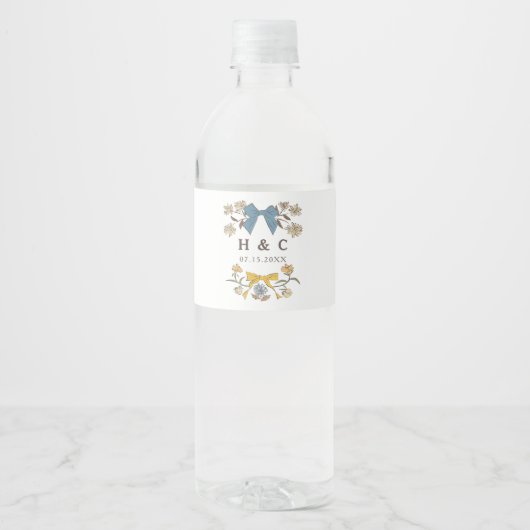 Blauwe en gele bogen Blossom Wedding Monogram Waterfles Etiket (Voorkant)