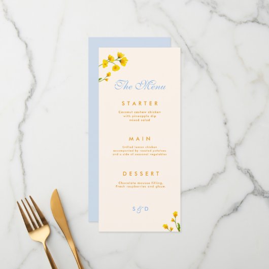 Blauwe en Gele boterbloem Menu (Voorkant / Achterkant in situ)
