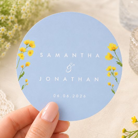 Blauwe en gele boterbloem ronde sticker