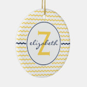 Blauwe en gele Chevron Monogram Keramisch Ornament (Rechts)