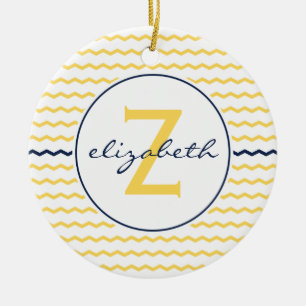 Blauwe en gele Chevron Monogram Keramisch Ornament
