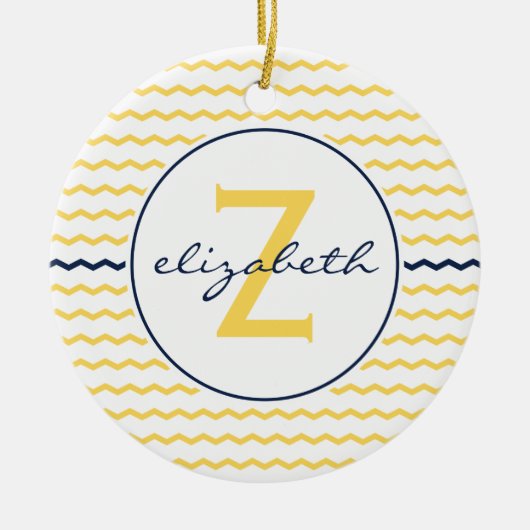 Blauwe en gele Chevron Monogram Keramisch Ornament (Voorkant)