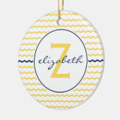 Blauwe en gele Chevron Monogram Keramisch Ornament (Links)