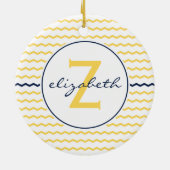Blauwe en gele Chevron Monogram Keramisch Ornament (Achterkant)