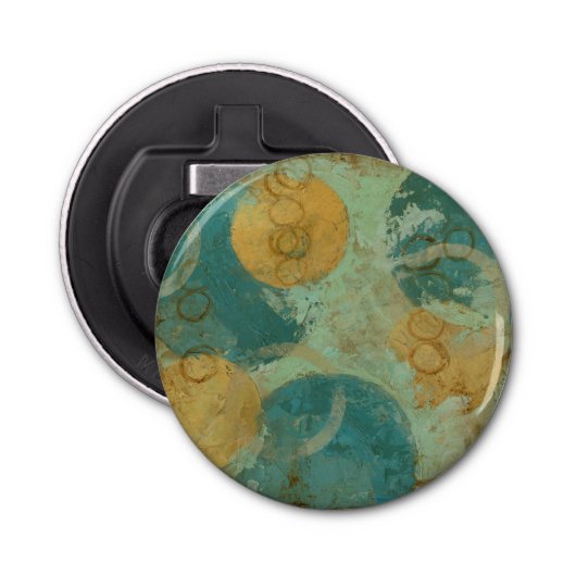 Blauwe en gele cirkels button flesopener (Voorkant)