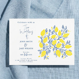 Blauwe en gele citroen wijnstokken bruiloft kaart