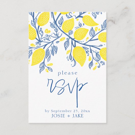 Blauwe en gele citroenwijnstokken rsvp informatiekaartje (Voorkant)