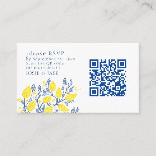 Blauwe en gele citroenwijnstokken RSVP QR Code Informatiekaartje (Voorkant)