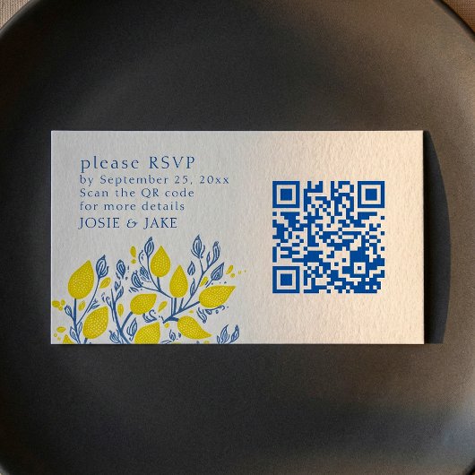 Blauwe en gele citroenwijnstokken RSVP QR Code Informatiekaartje