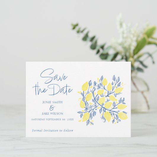 Blauwe en gele citroenwijnstokken slaan de datum o save the date (Staand voorkant)