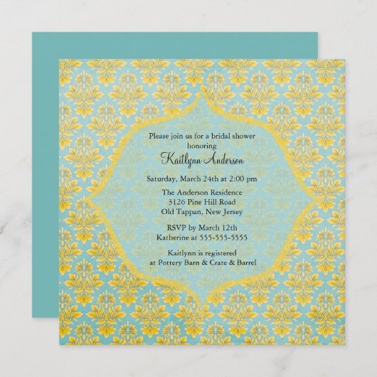 Blauwe en gele Damask Bridal Shower Invitation Kaart (Voorkant / Achterkant)