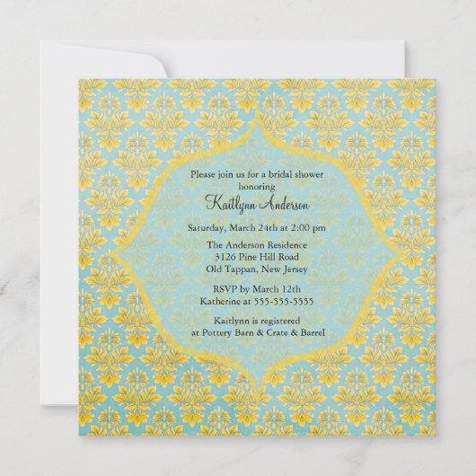 Blauwe en gele Damask Bridal Shower Invitation Kaart (Voorkant)