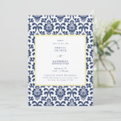 Blauwe en gele Damask Bridal Shower Invitation Kaart (Staand voorkant)