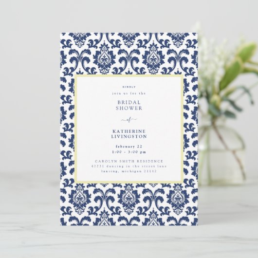 Blauwe en gele Damask Bridal Shower Invitation Kaart (Staand voorkant)