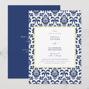 Blauwe en gele Damask Bridal Shower Invitation Kaart
