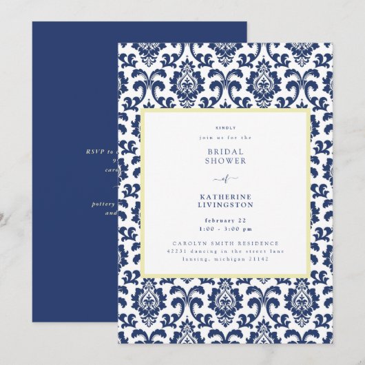 Blauwe en gele Damask Bridal Shower Invitation Kaart (Voorkant / Achterkant)
