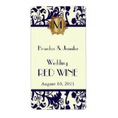 Blauwe en gele Damask Bruiloft Mini Wijn Labels (Voorkant)