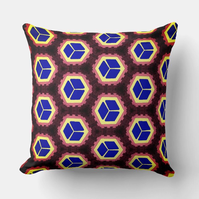 Blauwe en gele dozen over bruine ruimtes kussen (Voorkant)