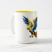 Blauwe en gele fenix tweekleurige koffiemok (Voorkant links)