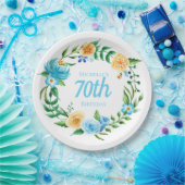  Blauwe en Gele Floral 70e verjaardag Papieren Bordje (Feest)