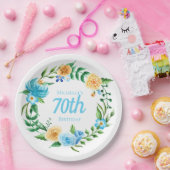  Blauwe en Gele Floral 70e verjaardag Papieren Bordje (Feest)