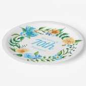  Blauwe en Gele Floral 70e verjaardag Papieren Bordje (Gekanteld)