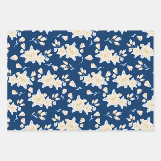 Blauwe en gele Floral Inpakpapier Vel (Voorkant)