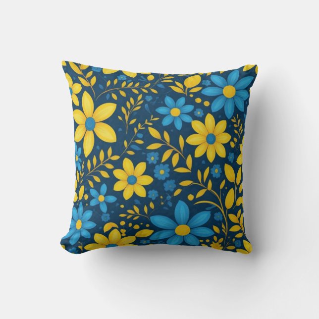 Blauwe en gele Floral Kussen (Voorkant)