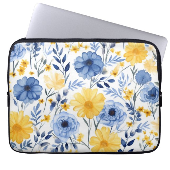 Blauwe en gele Floral Laptop Sleeve (Voorkant)