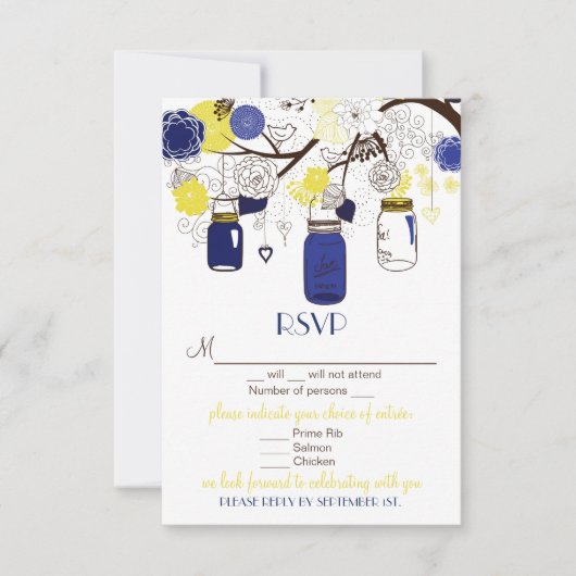 Blauwe en gele Floral Mason Jars RSVP Wedding Kaar (Voorkant)