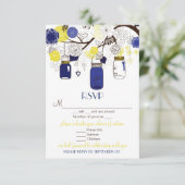 Blauwe en gele Floral Mason Jars RSVP Wedding Kaar (Staand voorkant)