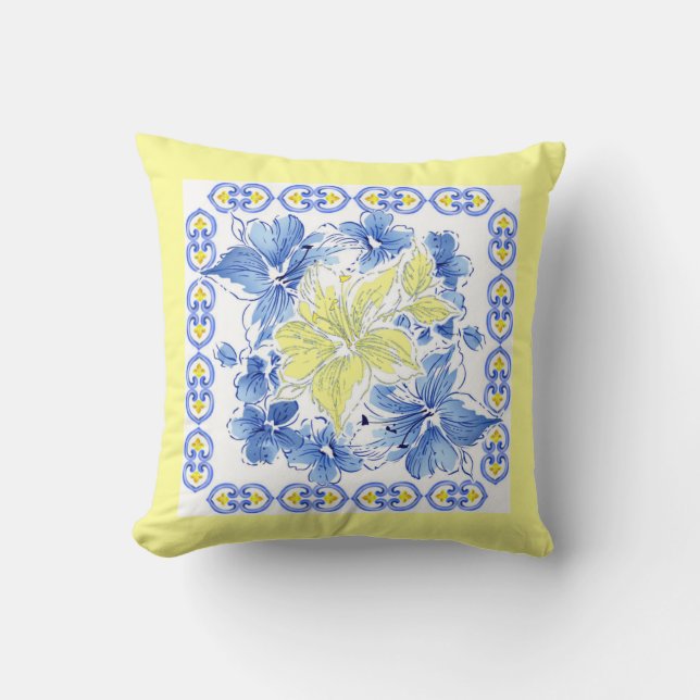 Blauwe en gele Floral Pillow met gele achtergrond Kussen (Voorkant)