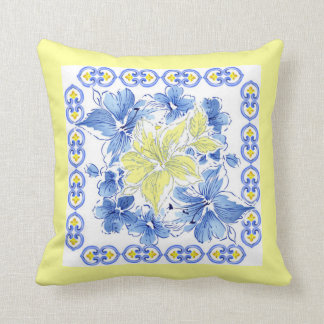 Blauwe en gele Floral Pillow met gele achtergrond Kussen