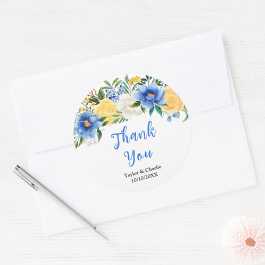 Blauwe en gele Floral Weddenschap Hartelijk dank Ronde Sticker (Envelop)