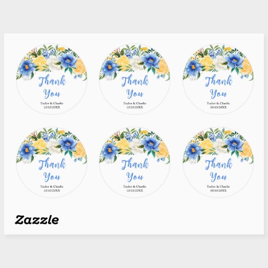 Blauwe en gele Floral Weddenschap Hartelijk dank Ronde Sticker (Vel)
