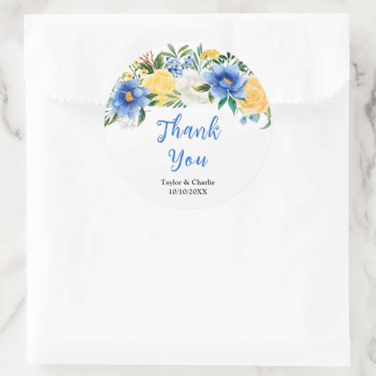 Blauwe en gele Floral Weddenschap Hartelijk dank Ronde Sticker (Tas)