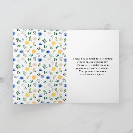 Blauwe en gele Floral Wedding Bedankkaart (Binnen)
