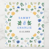 Blauwe en gele Floral Wedding Wijn Etiket (Enkel label)