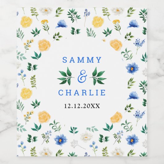Blauwe en gele Floral Wedding Wijn Etiket (Enkel label)