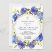 Blauwe en gele florale Jongen baptisme-uitnodiging Kaart (Voorkant)