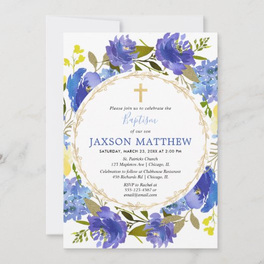 Blauwe en gele florale Jongen baptisme-uitnodiging Kaart (Voorkant)