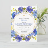Blauwe en gele florale Jongen baptisme-uitnodiging Kaart (Staand voorkant)
