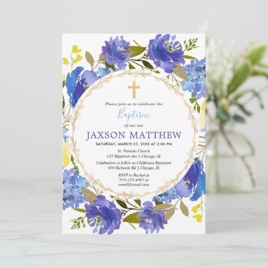 Blauwe en gele florale Jongen baptisme-uitnodiging Kaart (Staand voorkant)